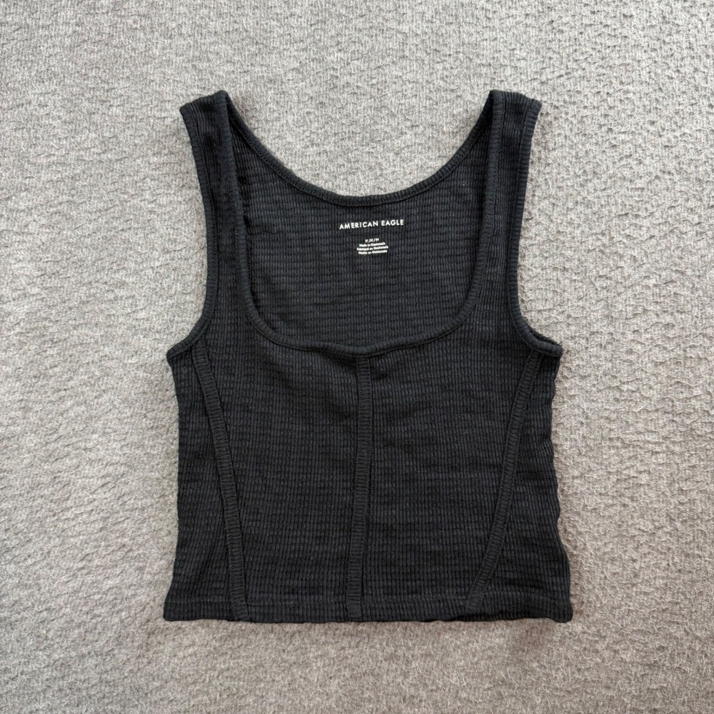 American Eagle Ribbed Tank Top Women's Medium Black Corset Seam Square Neck Crop